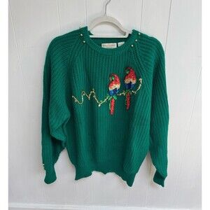 Huntington Ridge Green Sweater Sequined Appliqué Parrot Bird Size Large